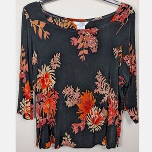 Stonebridge Signature XL Black Floral Print 3/4 Sleeve Boat Neck Top